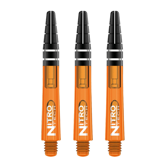 C522-Nitrotech-Orange-Short-H Das Bild zeigt drei orangefarbene RedDragon Nitrotech Shafts. Die Schäfte sind mit schwarzen und silbernen Akzenten sowie einem weißen Logo versehen.