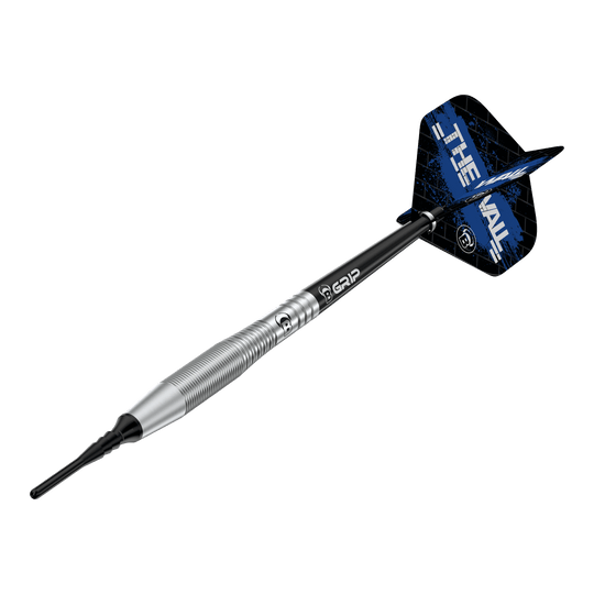 Auf dem Bild ist der Bulls Martin Schindler TW80 Softdart mit einem Gewicht von 18g zu sehen. Der Dart hat ein silbernes Barrel und schwarze Flights mit blauem Design.