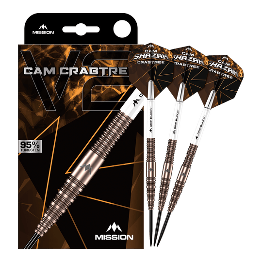 Mission Cam Crabtree V2 95% Tungsten Steel Darts Das Bild zeigt die Mission Cam Crabtree V2 Steeldarts in voller Ansicht. Es handelt sich um ein Set von Steeldarts, präsentiert von vorne.