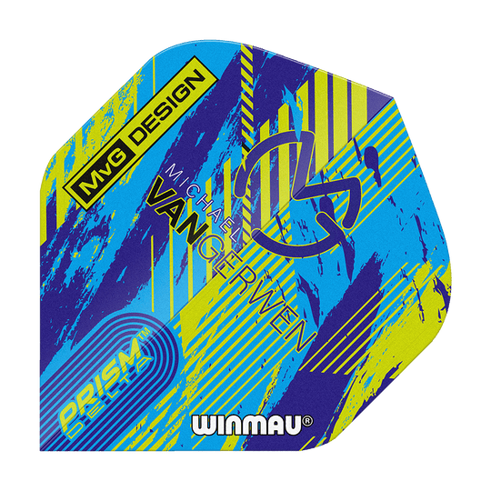 Winmau Delta Michael Van Gerwen Prism 04 Standard Flights Das Bild zeigt ein buntes Dartflight mit dem Namen "Winmau Delta Michael Van Gerwen Prism 04 Standard Flights". Auf dem Flight sind verschiedene Schriftzüge und ein modernes Design in Blau, Gelb und Lila zu sehen.