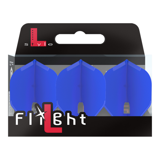 Auf dem Bild ist eine Packung mit drei blauen Dart-Flights der Marke L-Style zu sehen. Die Verpackung ist überwiegend schwarz und trägt die Aufschrift „Flight“.