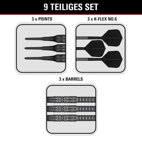 Target Black Marque Creed Soft Darts - 21.5g Produktbild der Target Black Marque Creed Softdarts mit einem Gewicht von 21,5g. Die Darts sind auf hellem Hintergrund abgebildet.
