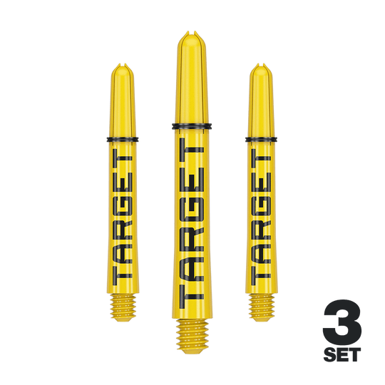 Target Pro Grip TAG Shafts - 3 Sets - Yellow Das Bild zeigt drei gelbe Dart-Schäfte mit der Aufschrift "TARGET". Unten rechts steht "3 SET", was auf ein Set mit drei Stück hinweist.