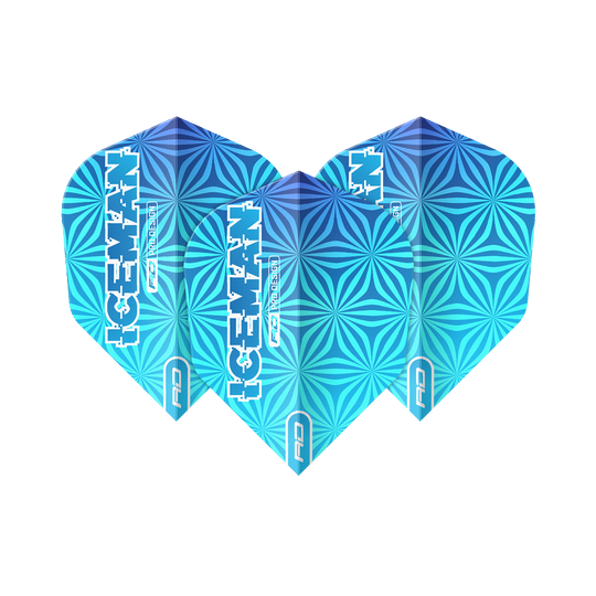 Das Bild zeigt drei blaue Dart-Flights mit geometrischem Muster und der Aufschrift "ICEMAN". Die Flights tragen das Logo "Red Dragon" und sind das Modell "Gerwyn Price Iceman Blue No6".