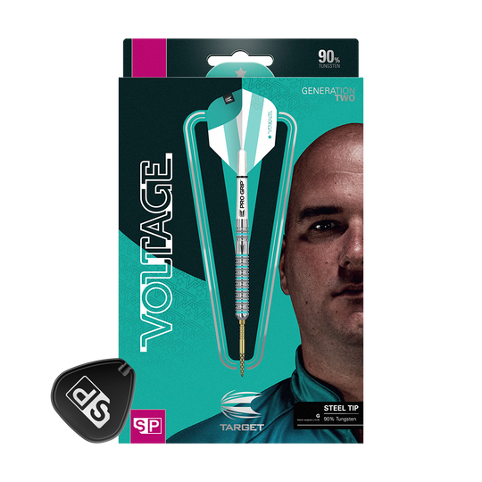 190095_Target_Rob_Cross_GEN2_Swiss_Point_Steeldarts_3 Auf dem Bild ist die Verpackung der Target Rob Cross GEN2 Swiss Point Steeldarts zu sehen. Die Verpackung zeigt einen einzelnen Dartpfeil sowie das Gesicht einer Person im Hintergrund.