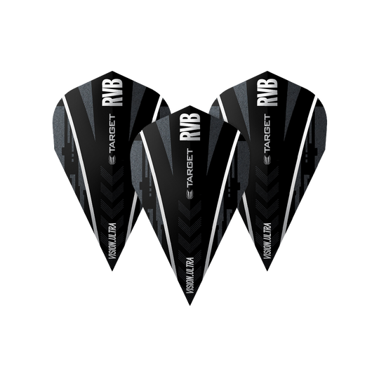Das Bild zeigt drei Dart-Flights des Modells "Target Ultra Ghost RvB Vapor Flights". Sie sind schwarz mit weißen und grauen Akzenten sowie dem Schriftzug "RVB" und "TARGET".