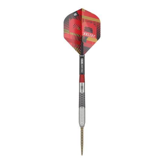 Target Stephen Bunting GEN5 Swiss Point Steel Darts Auf dem Bild ist ein Steeldartpfeil mit einer silbernen Spitze und einem rot-schwarzen Schaft zu sehen. Die Dartflügel sind rot gemustert und tragen die Aufschrift "BULLET".