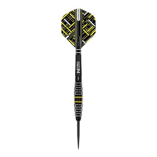 Red Dragon Astraeus Q4X Torpedo Steel Darts Das Bild zeigt einen Red Dragon Astraeus Q4X Torpedo Steeldart. Der Dart ist schwarz mit gelben und weißen Akzenten sowie einem auffälligen Muster auf dem Flight.