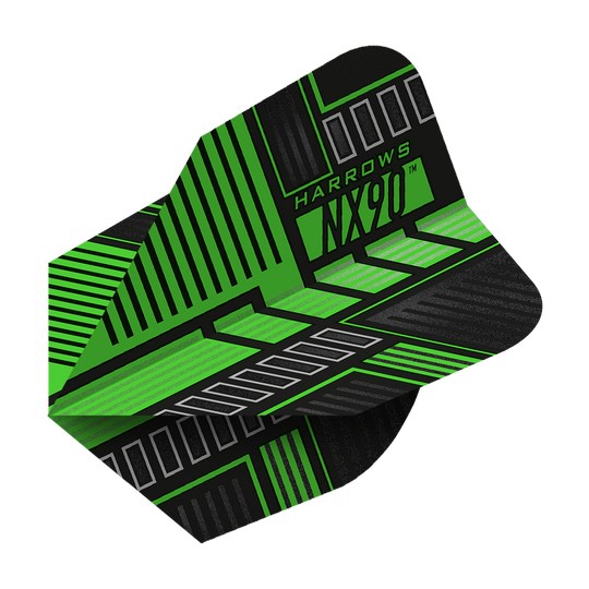 HR49_Harrows_Prime_NX90_Green_No6_Flights_2 Auf dem Bild ist ein Harrows Prime NX90 Green Flight zu sehen. Das Flight ist überwiegend schwarz mit grünen und silbernen grafischen Mustern.