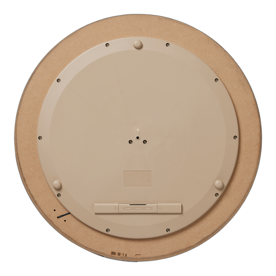 Unicorn Eclipse Smartboard steel dartboard Dies ist die Rückseite des Unicorn Eclipse Smartboard Steeldartboards. Sie zeigt eine kreisförmige, beige Kunststoffabdeckung mit mehreren Schrauben und einem Batteriefach.