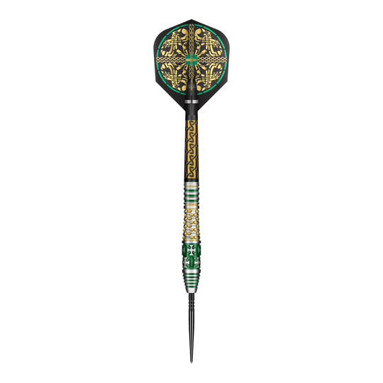 Shot Celt Cernunnos Turbo Point Steeldarts Das Bild zeigt ein Set Shot Celt Cernunnos TurboPoints Steeldarts. Die Darts sind in einer Linie angeordnet.