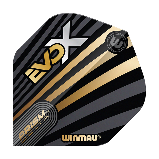 Das Bild zeigt ein Winmau Prism Delta MvG Evo-X No2 Standard Flight. Das Flight ist schwarz mit goldenen und grauen Streifen sowie dem Schriftzug "EVO-X" und "WINMAU".