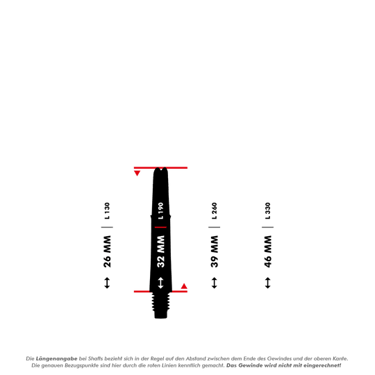 L-L-Style-Shafts Locked Straight - Green Das Bild zeigt eine schematische Darstellung eines Dart-Schafts mit Maßangaben. Es werden verschiedene Längen in Millimetern angegeben, die zwischen den roten Linien gemessen werden.