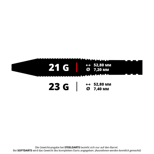 Bulls Martin Schindler TW80 steel darts Das Bild zeigt die Gewichts- und Maßangaben zweier Steeldarts mit 21 Gramm und 23 Gramm. Beide Darts sind 52,80 mm lang, der Durchmesser beträgt 7,20 mm bzw. 7,40 mm.