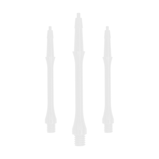 Das Bild zeigt drei weiße Harrows Clic Slim Shafts. Diese Schäfte werden für Dartpfeile verwendet.