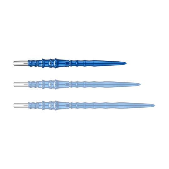 Target Japan Premium Swiss Point Dart Tips - Blue Das Bild zeigt ein einzelnes, blaues Dartspitze. Die Spitze ist 30 mm lang.