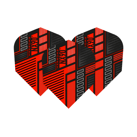 HR50_Harrows_Prime_NX90_Red_No6_Flights_12YIM8FPW2rV3q Das Bild zeigt drei Harrows Prime NX90 Red Flights für Dartpfeile. Die Flights sind rot, schwarz und grau gestaltet und haben ein modernes, grafisches Muster.