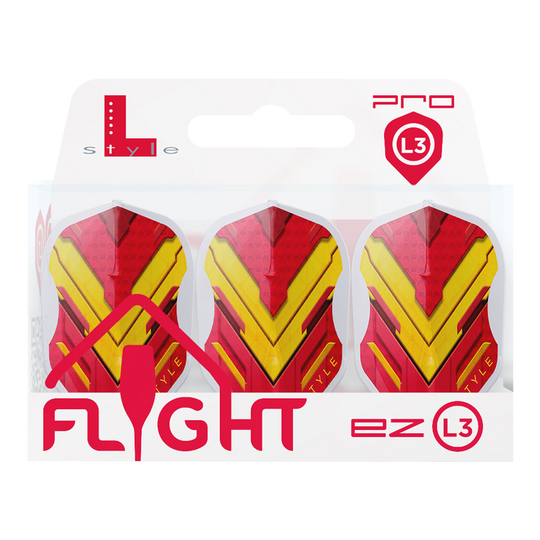 Das Bild zeigt eine Packung mit drei Dart-Flights der Marke L-Style in den Farben Rot und Gelb. Auf der Verpackung steht „FLIGHT ez L3“ und oben rechts ist das Pro L3-Logo zu sehen.