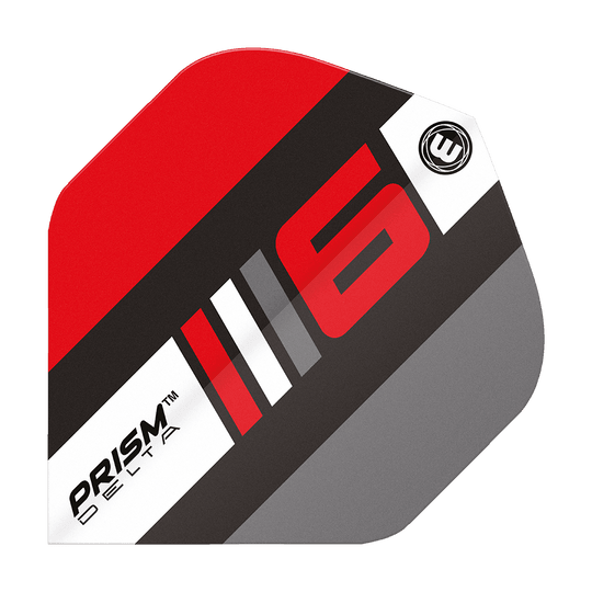 6915-226_Winmau_Prism_Delta_Blade6_B_Standard_Flights_1Il14W8J8omWNW Das Bild zeigt ein Dartflight des Modells "Winmau Prism Delta Blade 6 B Standard". Das Design ist in Rot, Schwarz, Grau und Weiß gehalten und zeigt die Zahl 6 sowie den Produktnamen.