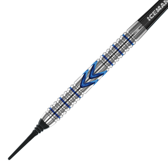 Red Dragon Gerwyn Price Iceman Midnight Edition Soft Darts - 20g Dies ist ein Softdart der Marke Red Dragon, Modell Gerwyn Price Iceman Midnight Edition mit 20 Gramm Gewicht. Der Dart hat ein silbernes Griffstück mit blauen Akzenten und einem markanten Zickzack-Muster.