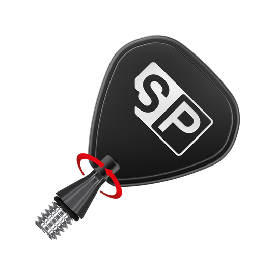 380160_Target_Titanium_Swiss_Point_Nano_Conversion_Points_Schwarz_3 Das Bild zeigt eine schwarze Dartspitze mit einem Pfeil für die Schraubbewegung. Auf der Spitze ist das weiße Logo "SP" abgebildet.