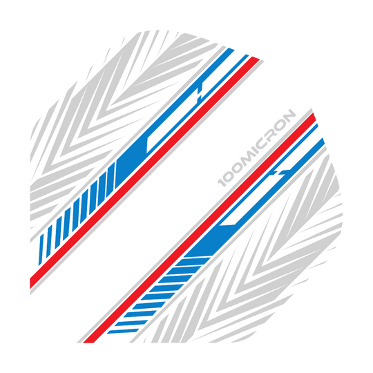 Pentathlon Flights white/blue/red Das Bild zeigt ein Dart-Flight mit einem weißen Hintergrund und blauen sowie roten Linien. Auf dem Flight ist außerdem ein graues Muster und der Schriftzug „100 MICRON“ zu sehen.