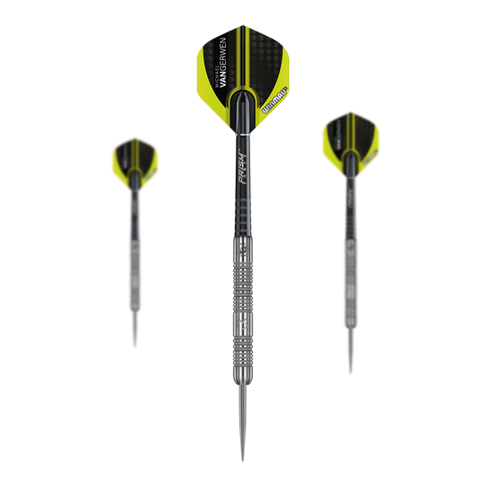 Winmau Michael Van Gerwen MvG Authentic Steeldarts Das Bild zeigt drei Winmau Michael Van Gerwen MvG Authentic Steeldarts. Die Darts haben silberne Spitzen und Schäfte sowie gelb-schwarze Flights mit der Aufschrift „Van Gerwen“.