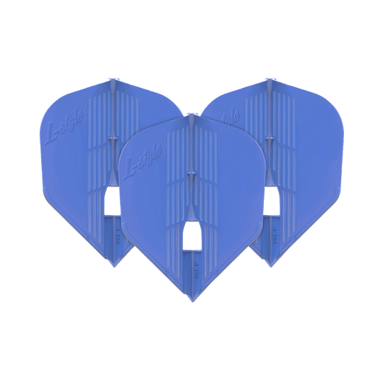 Das Bild zeigt drei blaue Dartflights der Marke L-Style. Sie sind nebeneinander aufgereiht und haben eine moderne, strukturierte Oberfläche.
