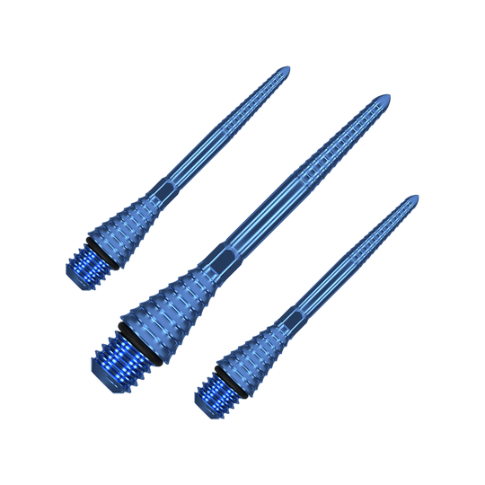 380177_Target_Titanium_Swiss_Point_Grooved_Conversion_Points_Blau_30mm_1 Das Bild zeigt drei blaue, gerillte Dartspitzen mit Schraubgewinde. Sie sind aus Metall gefertigt und haben eine schlanke, konische Form.