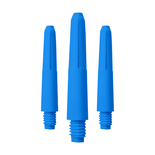572_Nylon_Shafts_Blau_28mm_1 Das Bild zeigt drei blaue Nylon Shafts. Sie sind für Dartpfeile geeignet und haben ein Schraubgewinde am unteren Ende.