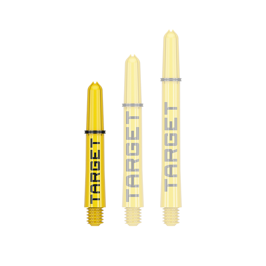 Target Pro Grip TAG Shafts - 3 Sets - Yellow Das Bild zeigt drei gelbe Dartschäfte in unterschiedlicher Länge. Auf jedem Schaft steht das Wort "TARGET" in schwarzer Schrift.