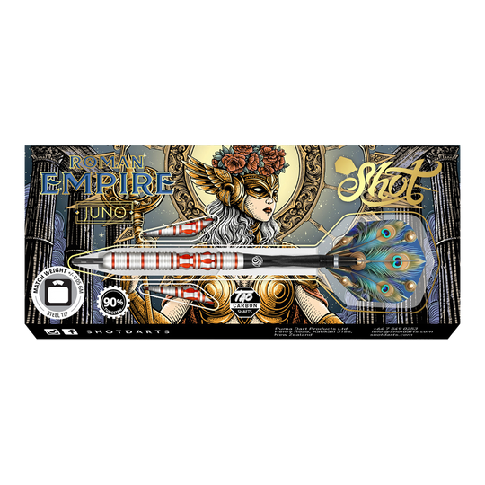 Shot Roman Empire Juno steel darts Das Bild zeigt die Verpackung der "Shot Roman Empire Juno Steeldarts". Auf der Verpackung ist eine kunstvoll gezeichnete Frau mit Helm und Flügeln sowie die Darts mit auffälligen, bunten Flights abgebildet.