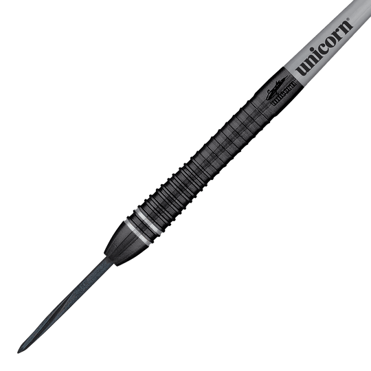 Unicorn World Champion Gary Anderson Noir Phase 6 Steeldarts Das Bild zeigt einen Steeldartpfeil aus der Serie "Unicorn World Champion Gary Anderson Noir Phase 6". Der Dartpfeil ist schwarz mit silbernen Akzenten und trägt das "Unicorn"-Logo.