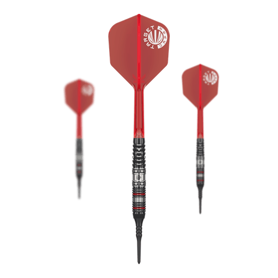 Target Japan Prime Series Diamond GEN3 Soft Darts - 18g Das Bild zeigt drei Softdarts aus der Serie "Target Japan Prime Series Diamond GEN3" mit einem Gewicht von 18g. Die Darts haben rote Flights und schwarze Spitzen.