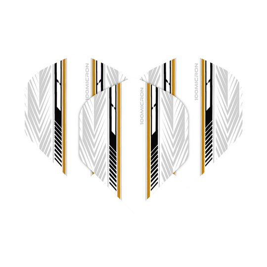Das Bild zeigt die Pentathlon White Black Gold No2 Standard Flights für Dartpfeile. Die Flights sind überwiegend weiß mit schwarzen und goldenen Zierstreifen sowie geometrischen Mustern.