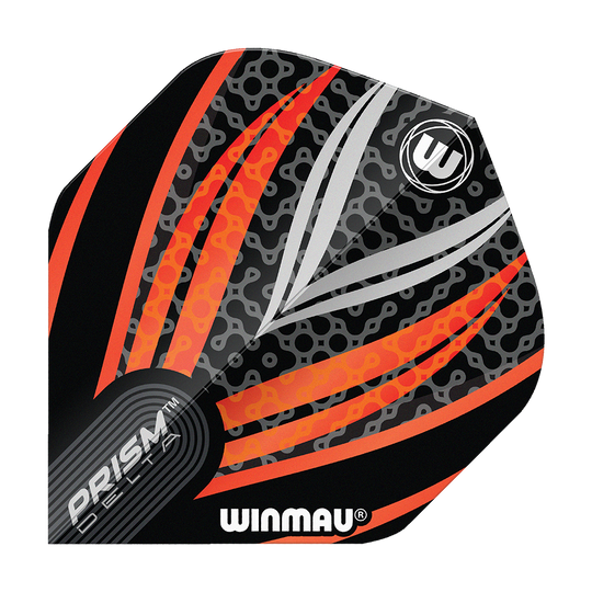 Das Bild zeigt ein Dart-Flight der Marke Winmau mit dem Namen "Prism Delta Schwarz Weiß Orange No2 Standard Flights". Das Design besteht aus schwarzen, weißen und orangefarbenen Streifen mit einem modernen Muster.