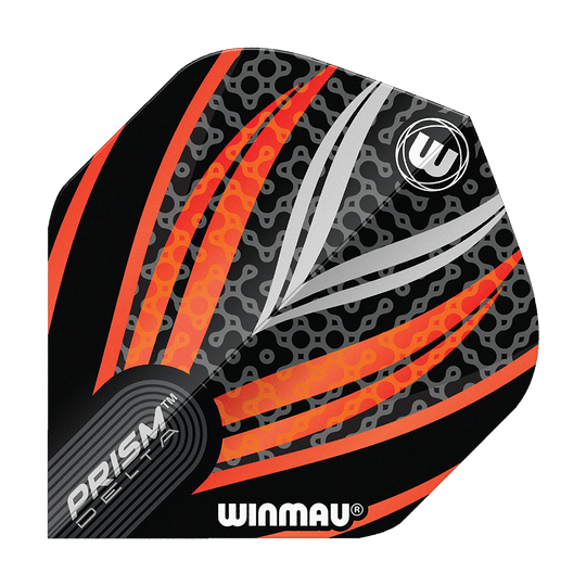Winmau Prism Delta Black White Orange No. 2 Standard Flights Das Bild zeigt ein Dart-Flight der Marke Winmau mit dem Namen "Prism Delta Schwarz Weiß Orange No2 Standard Flights". Das Design besteht aus schwarzen, weißen und orangefarbenen Streifen mit einem modernen Muster.
