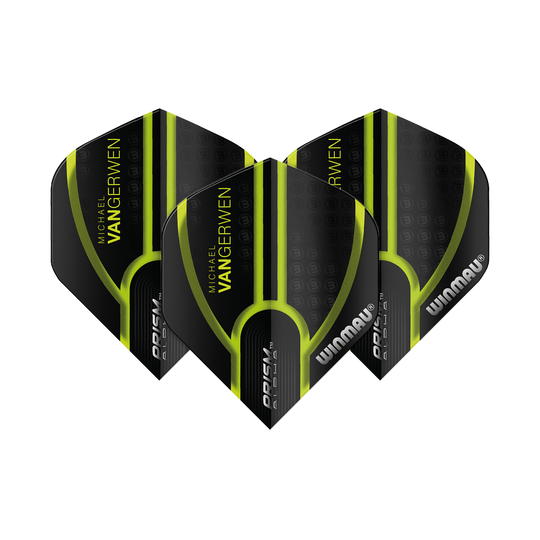 Das Bild zeigt drei schwarze und grüne Dartflights mit dem Aufdruck "Michael van Gerwen" und "Winmau". Es handelt sich um das Produkt "Winmau Prism Alpha MvG Black Green V1 Standard Flights".