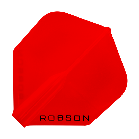Das Bild zeigt ein rotes Dart-Flight mit der Aufschrift „ROBSON“. Das Flight hat eine standardmäßige, sechseckige Form.