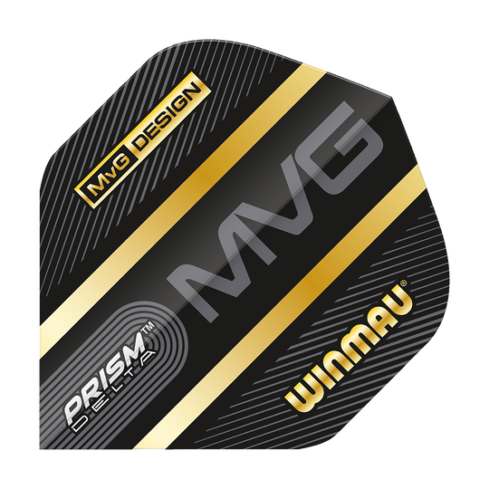 Das Bild zeigt ein Winmau Prism Delta MvG Standard Flight für Darts. Das Flight ist schwarz mit goldenen Streifen und den Aufschriften „MVG“, „PRISM DELTA“ und „WINMAU“.