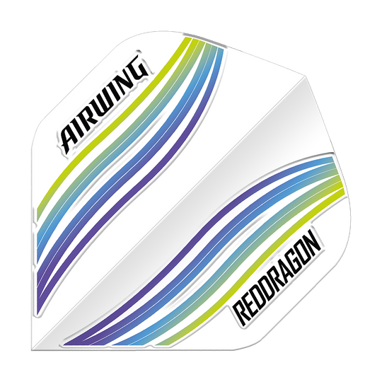Das Bild zeigt das Produkt "Red Dragon Airwing Blue Wave Standard Flights". Es hat ein weißes Design mit blauen, grünen und violetten Wellenlinien sowie den Aufschriften "AIRWING" und "REDDRAGON".