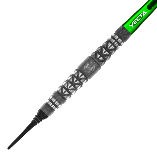 Winmau Simon Whitlock Atomized Grip Soft Darts Das Bild zeigt einen Winmau Simon Whitlock Atomised Grip Softdart. Der Dart hat ein auffälliges Griffmuster und einen grünen Schaft mit der Aufschrift "VECTA".