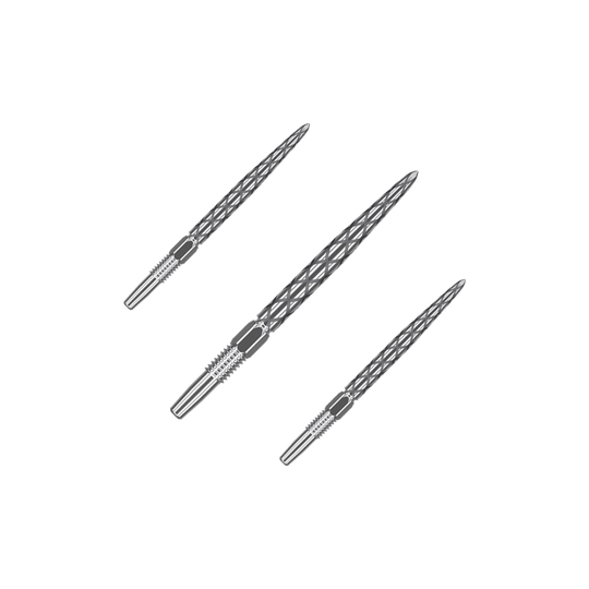 Target Swiss Diamond Pro Silver Points dart tips Das Bild zeigt drei silberne Dartspitzen mit einem rautenförmigen Muster. Sie sind nebeneinander auf einem neutralen Hintergrund angeordnet.