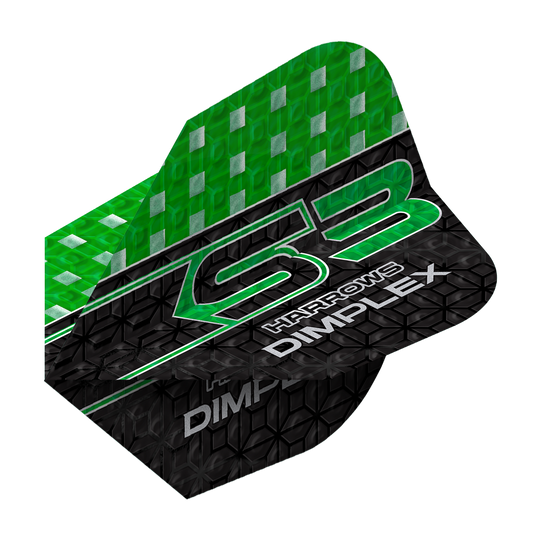 Das Bild zeigt einen grünen und schwarzen Dartflight mit der Aufschrift "Harrows Dimplex S3". Das obere Drittel ist grün mit silbernen Quadraten, der Rest ist schwarz mit einem Muster und weißen Schriftzügen.