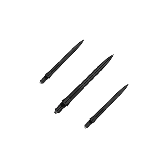Caliburn EZ-EVO Dart Tips - Grooved - Black Das Bild zeigt ein Set EVO201 Caliburn EZ-EVO Dartspitzen mit Rillen in Schwarz, jeweils 28 mm lang. Das Set ist ideal für Dartliebhaber und Vielspieler.