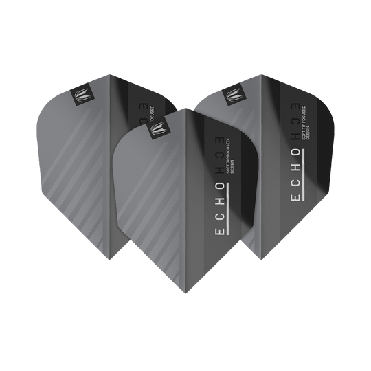 Das Bild zeigt die Target ProUltra Echo No6 Flights, die für Dartpfeile verwendet werden. Sie sind in dunklen Grautönen gehalten und tragen das Echo-Logo.