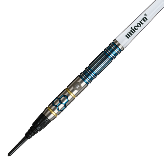 Unicorn Hexium Style 02 Blue & Gold Softdarts - 21g ist auf diesem Bild zu sehen. Die Softdarts sind in den Farben Blau und Gold gestaltet.