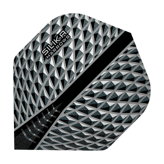 HR85_Harrows_Silika_Smokey_No2_Standard_Flights_1 Das Bild zeigt das Produkt „Harrows Silika Smokey No2 Standard Flights“. Es hat ein geometrisches Muster in Schwarz, Silber und Grau mit dem Markennamen in der Ecke.