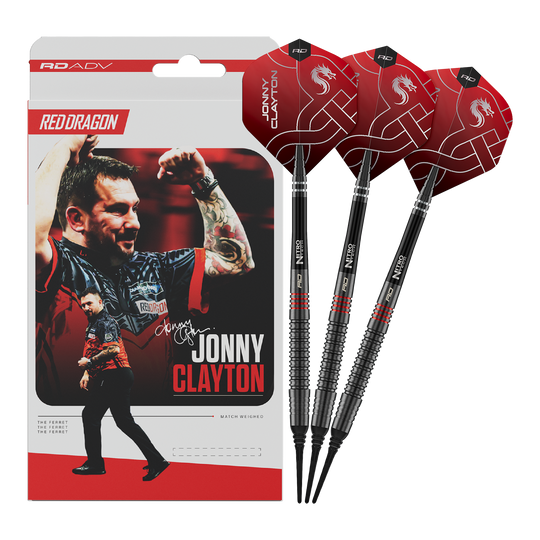 Red Dragon Jonny Clayton RD-ADV soft darts - 18g Das Foto zeigt die Red Dragon Jonny Clayton RD-ADV Softdarts - 18g. Die volle Länge des Darts ist abgebildet.
