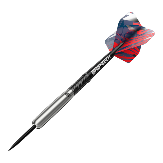 GOAT Homerun Baseball Tungsten Steel Darts Das Bild zeigt einen GOAT Homerun Baseball Tungsten Steeldart mit farbigem Flight und schwarzem Schaft. Der Dart hat einen silbernen Körper und trägt die Aufschrift "GRIPTECH".